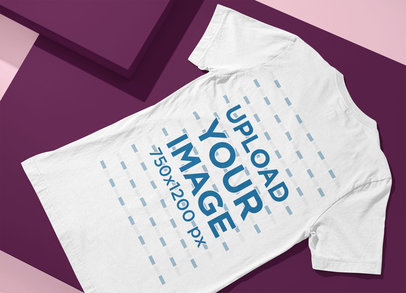 Back-View Mockup of a Bella Canvas V-Neck T-Shirt Placed Over a Colorful Surface