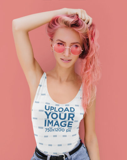 Tank Top Mockup of a Woman with Long Pink Hair and Sunglasses m13045-r-el2