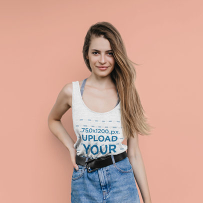 Heathered Tank Top Mockup of a Smiling Woman Posing at a Studio