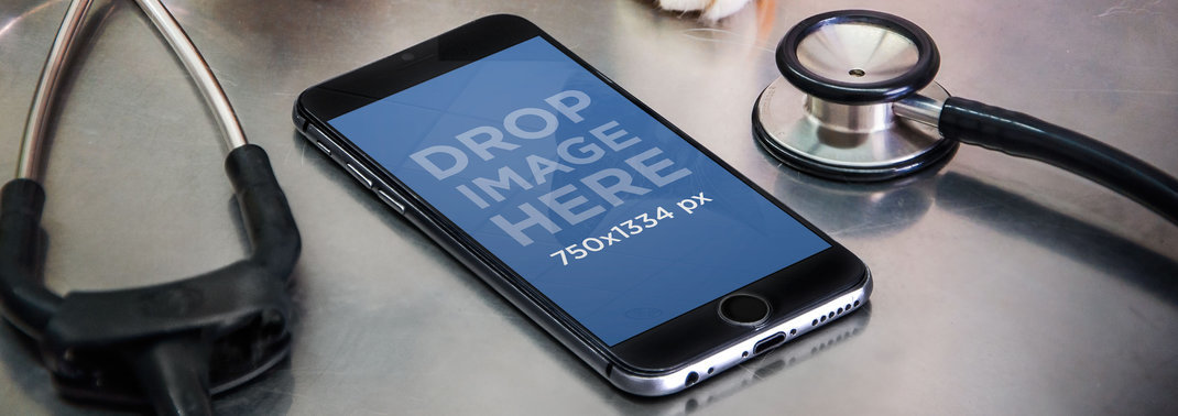 Wide Mockup of an iPhone 6 on a Veterinarian's Exam Table