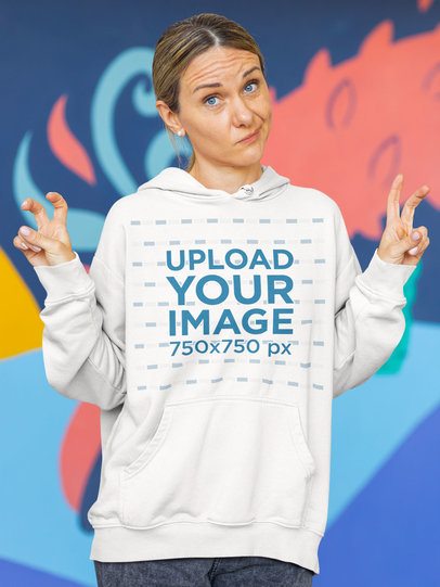Hoodie Mockup of a Woman Doing a Quote-on-Quote Gesture