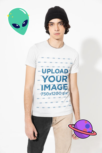 T-Shirt Mockup of a Man Posing with a Serious Look Featuring Sticker Graphics