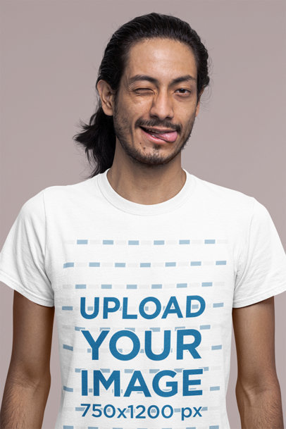Round-Neck Tee Mockup Featuring a Man with Long Hair Winking at the Camera