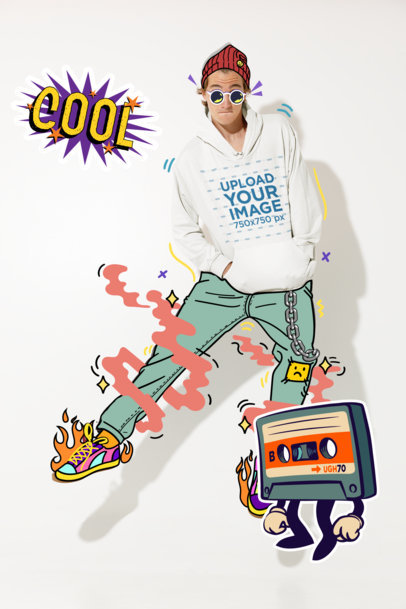Fun Illustrated Mockup of a Young Man Jumping Around While Wearing a Hoodie M15154