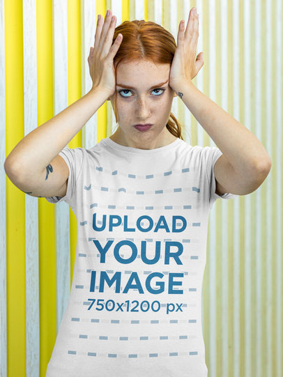 T-Shirt Mockup Featuring a Woman with a Jaded Expression Holding Her Head
