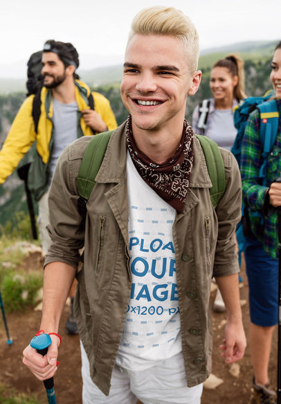 Round-Neck T-Shirt Mockup of a Happy Man Hiking