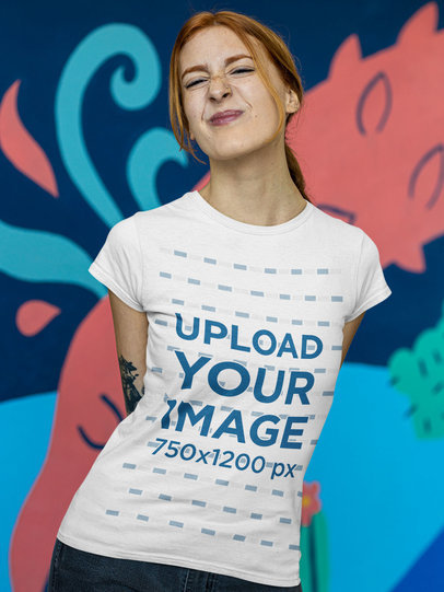 T-Shirt Mockup of a Young Woman Wrinkling Her Nose