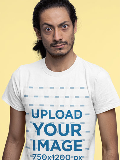 T-Shirt Mockup of a Long-Haired Man with Eyes Wide Open