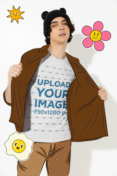 Illustrated Mockup of a Young Man Showing His Tee From Under a Shirt