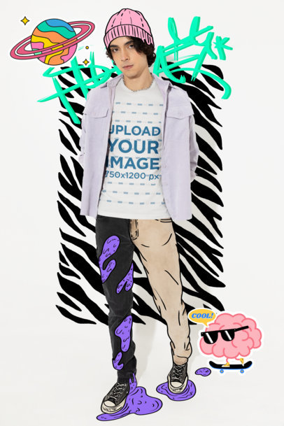 Bella Canvas T-Shirt Mockup of a Man Surrounded by Streetwear Illustrations