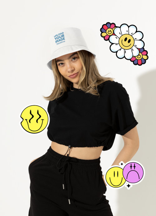 Bucket Hat Mockup of a Young Woman Wearing a Trendy Athleisure Outfit