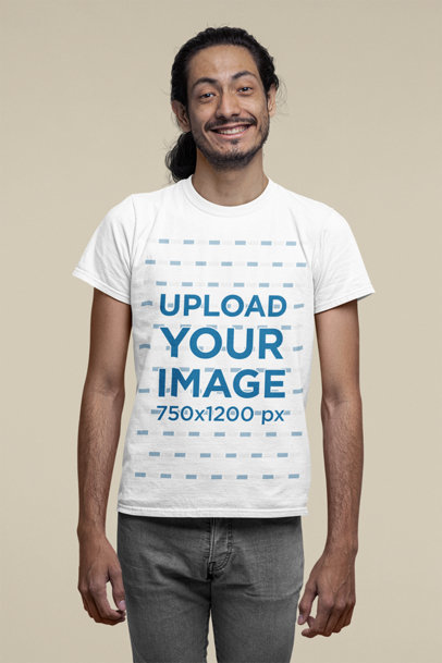 Mockup T-Shirt Featuring a Man with Long Hair Smiling at the Camera