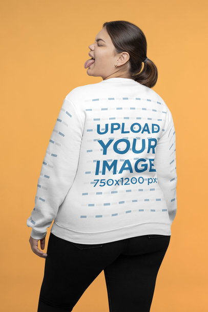 Back-View Sweatshirt Mockup Featuring a Brunette Woman Making a Funny Expression 