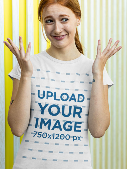 T-Shirt Mockup Featuring a Confused Young Woman