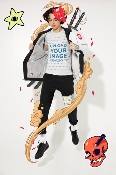 T-Shirt Mockup of a Young Man Jumping Around with an Anime Warrior Outfit M15182