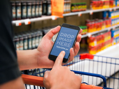 Mockup of an iPhone 6 at the Supermarket Being Held by a Man