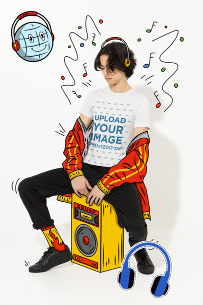 T-Shirt Mockup Featuring a Man Sitting on an Illustrated Music Speaker