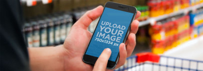 Wide Mockup of an iPhone 6 at the Supermarket