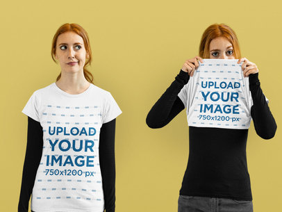 Mockup of a Woman Showcasing Her Flip T-Shirt in a Studio