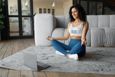 Sports Bra Mockup of a Woman Taking an Online Meditation Class