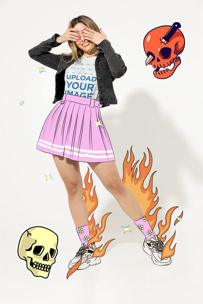 T-Shirt Mockup of a Trendy Woman Covering Her Face with Her Hands