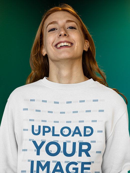 Sweatshirt Mockup of a Young Woman Laughing at a Studio