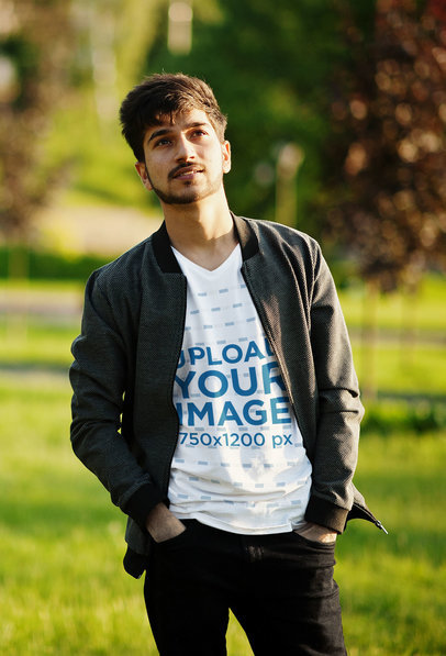 V-Neck T-Shirt Mockup of a Man Casually Posing in a Park M21048-r-el2