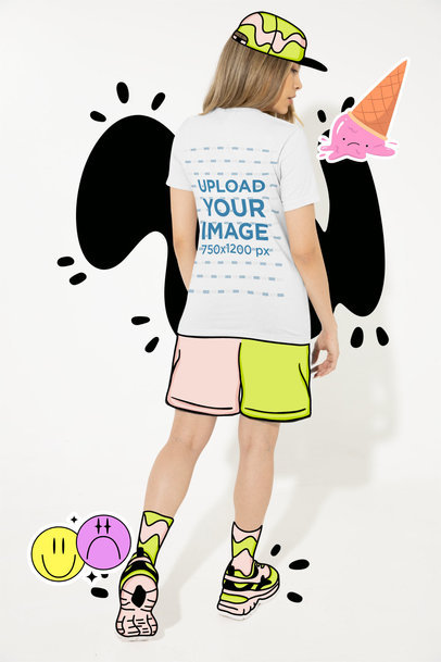 Back View T-Shirt Mockup Featuring a Woman Wearing Illustrated Clothes m15220