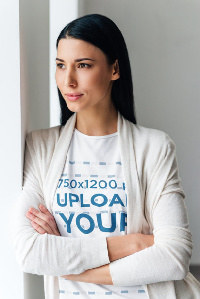 T-Shirt Mockup of a Woman with Long Hair Looking Through a Window m19402 r-el2