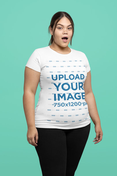 T-Shirt Mockup Featuring a Woman with a Surprised Look