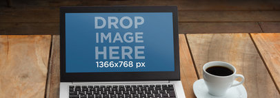 Wide Mockup of a Laptop on Wooden Table with Coffee