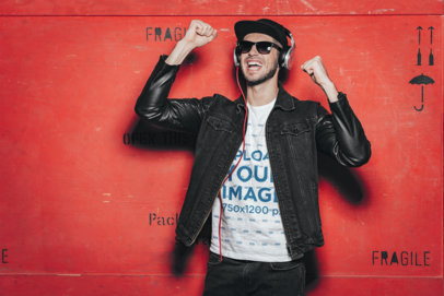 Heathered T-Shirt Mockup Featuring an Excited Man Listening to Music