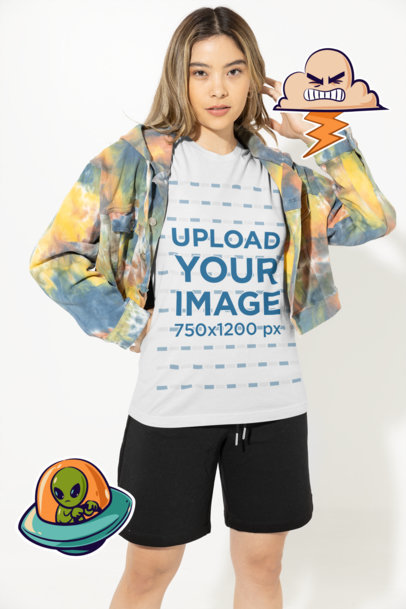 T-Shirt Mockup of a Woman Posing with a Colorful Jacket and Surrounded by Stickers