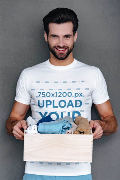 Heathered T-Shirt Mockup of a Joyful Man Holding a Donation Box m19403 r-el2