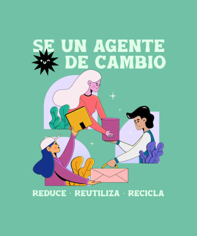 T-Shirt Design Template Featuring Illustrated People Recycling
