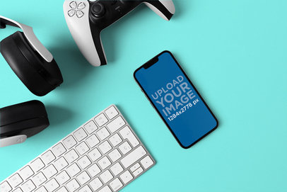 iPhone 13 Mockup Featuring a Gaming Controller and a Customizable Background