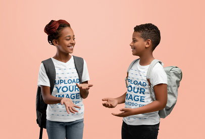 Mockup of Two Happy Kids Wearing a V-Neck and a T-Shirt