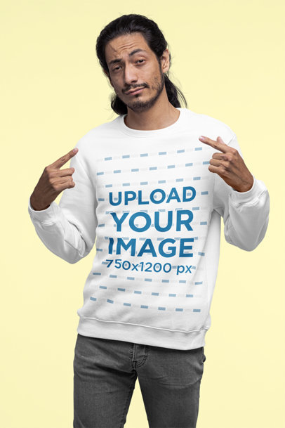 Mockup Featuring a Bearded Long-Haired Man Pointing at His Sweatshirt