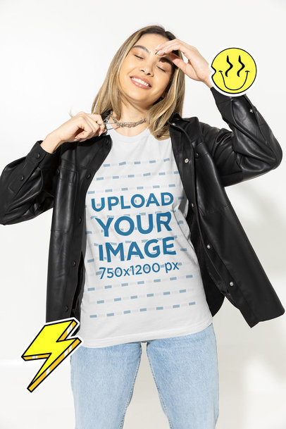 Bella Canvas T-Shirt Mockup of a Woman in a Studio Wearing a Leather Jacket