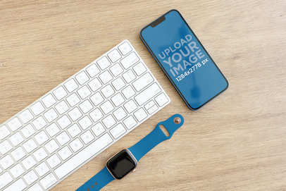 Digital Mockup Featuring an iPhone 13 Placed Over a Wooden Table