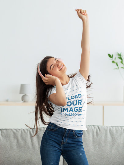 T-Shirt Mockup of a Teenage Girl Listening to Her Favorite Song