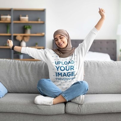 Sweatshirt Mockup of a Woman Stretching After a Nap at Home