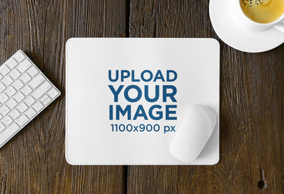 Mousepad Mockup Featuring a Wooden Table and a Coffee Cup