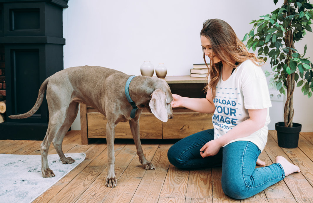V-Neck T-Shirt Mockup Featuring a Happy Woman Petting Her Dog