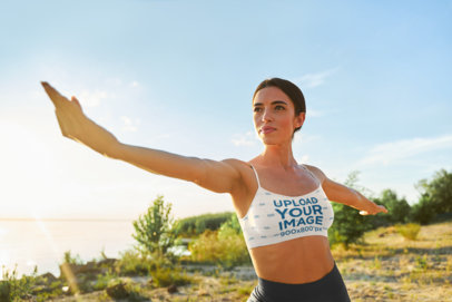 Sports Bra Mockup Featuring a Happy Woman Doing Yoga Outdoors m11876-r-el2