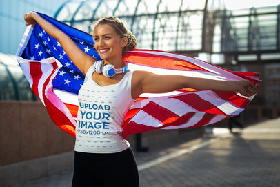 Tank Top Mockup Featuring a Smiling Woman with the American Flag