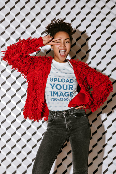 T-Shirt Mockup of a Confident Woman Wearing a Red Jacket