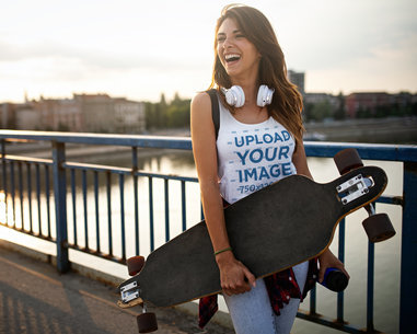 Tank Top Mockup Featuring a Woman Smiling and Holding a Skateboard