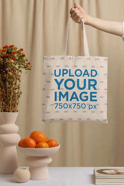 Mockup of a Woman Holding a Tote Bag in a Minimal Setting M23510