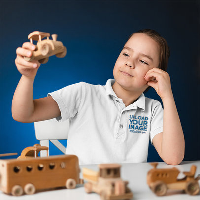 Polo Shirt Mockup of a Boy Playing With Wooden Toys